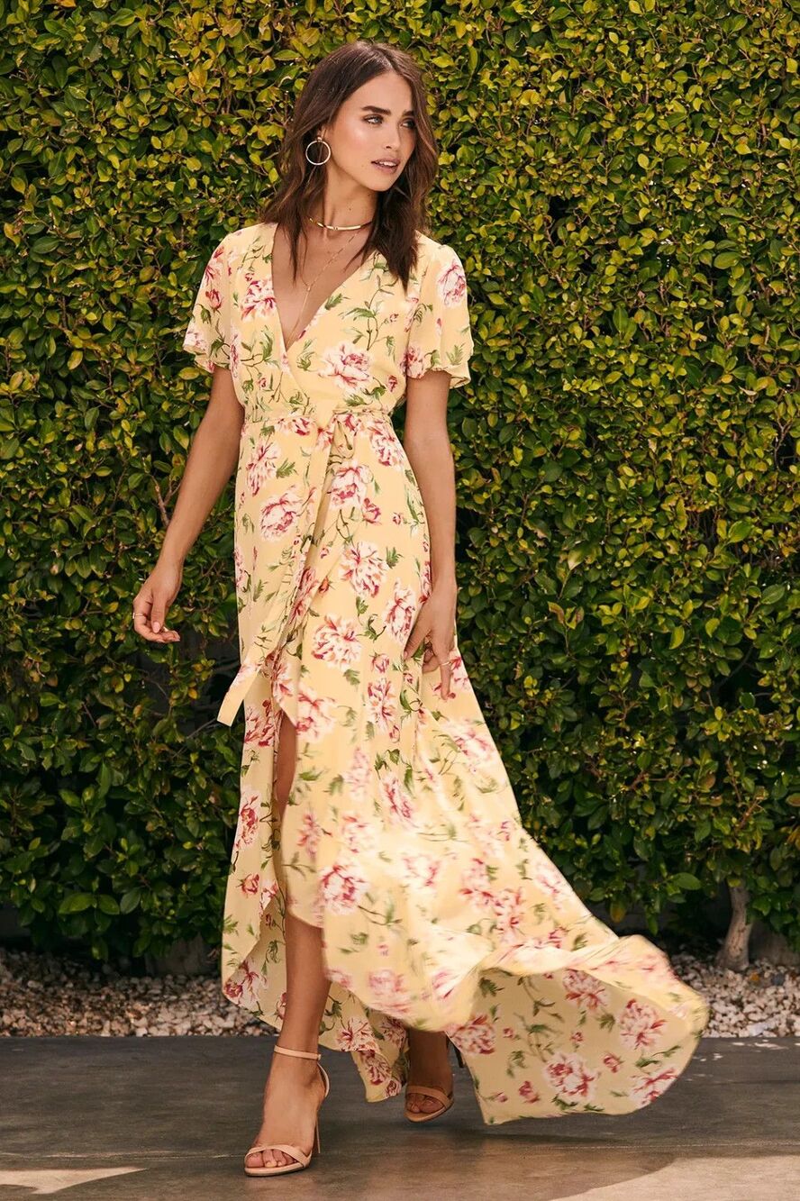Lulus Sense of Wonder Yellow Floral Print Wrap Maxi Dress Size S